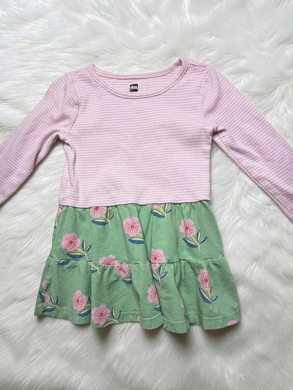 Tea Floral Long Sleeve Dress in Pink & Green